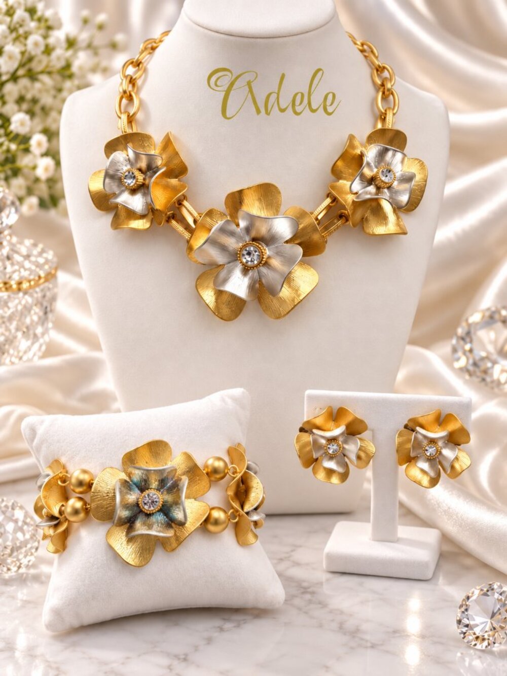 Park Lane Adele Gold & Silver Floral Necklace Bracelet Earrings 3-Piece Set